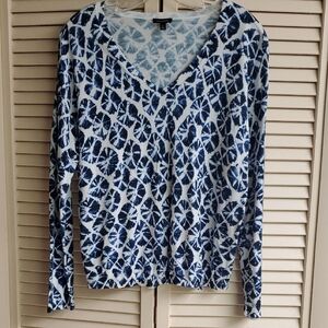 Talbots Navy & White V-Neck Long Sleeve Patterned Knit